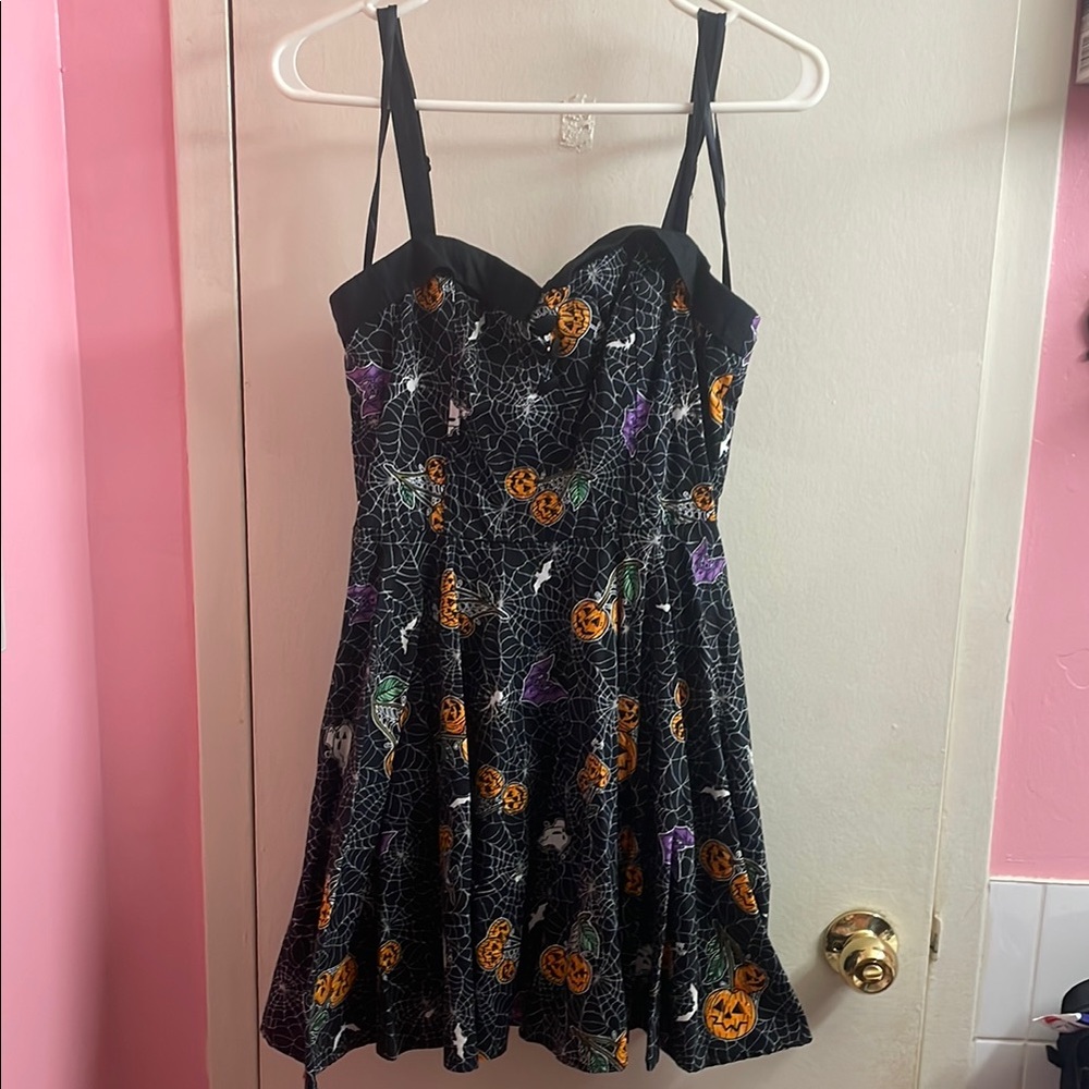 Halloween Themed Dress with Pumpkin and Spider Web Print